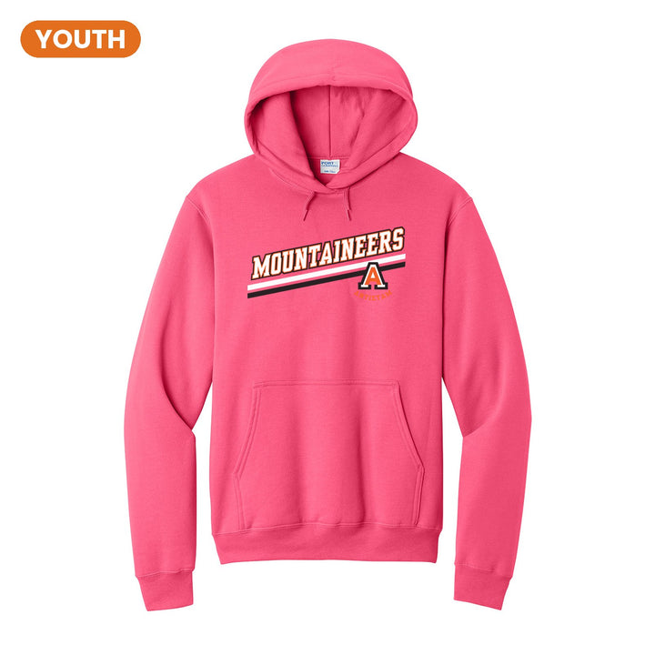 Antietam Mountaineers Slanted Stripe youth hoodie in Neon Pink: bold MOUNTAINEERS lettering over a slanted double stripe, with the Antietam A badge