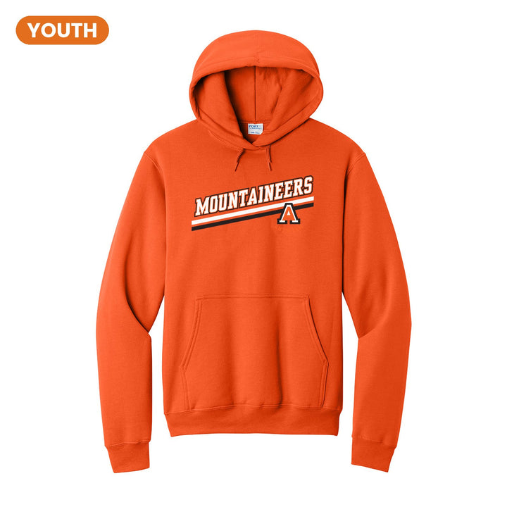 Antietam Mountaineers Slanted Stripe youth hoodie in Orange: bold MOUNTAINEERS lettering over a slanted double stripe, with the Antietam A badge