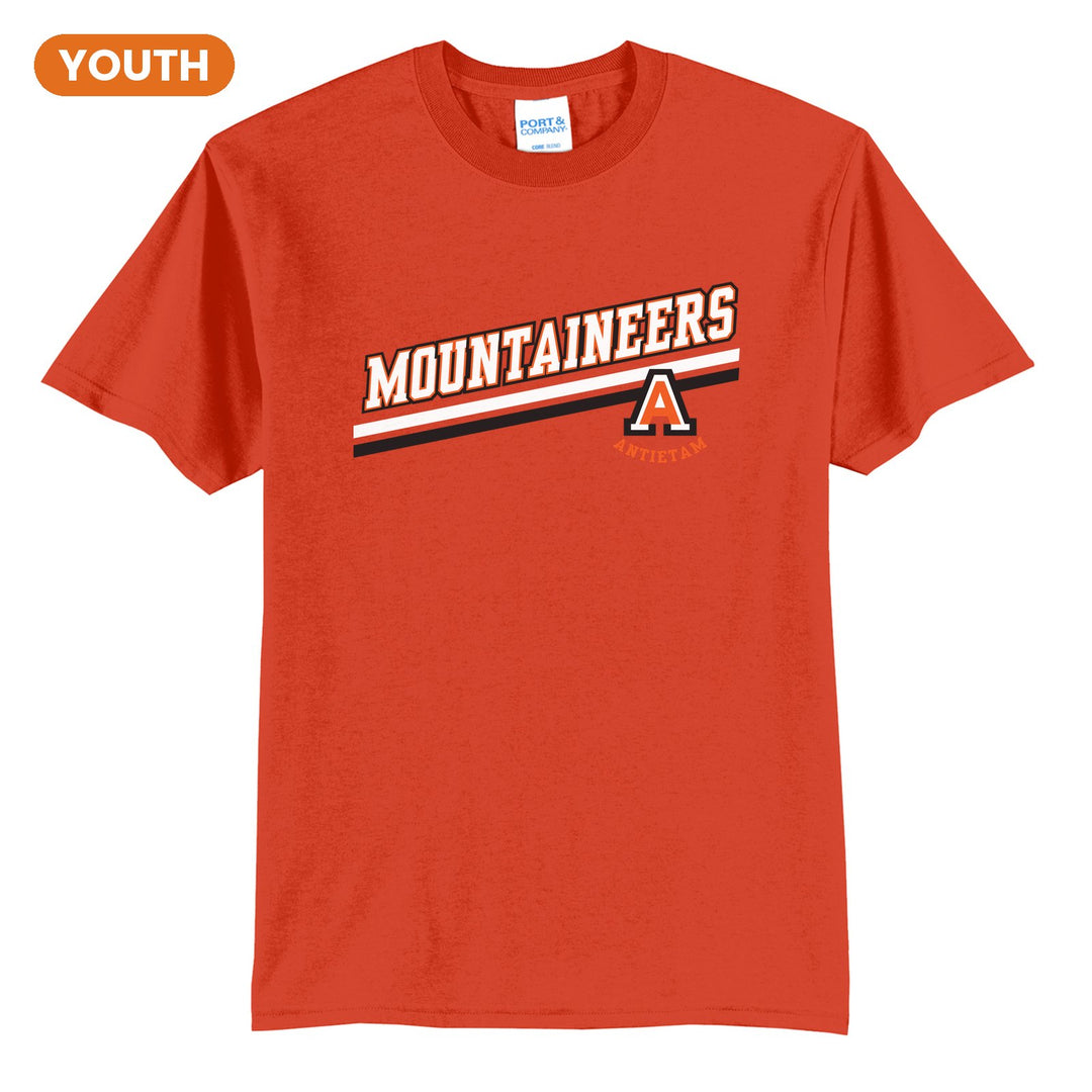 Antietam Mountaineers Slanted Stripe youth t-shirt in Orange: bold MOUNTAINEERS lettering over a slanted double stripe, with the Antietam A badge