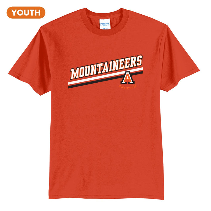 Antietam Mountaineers Slanted Stripe youth t-shirt in Orange: bold MOUNTAINEERS lettering over a slanted double stripe, with the Antietam A badge