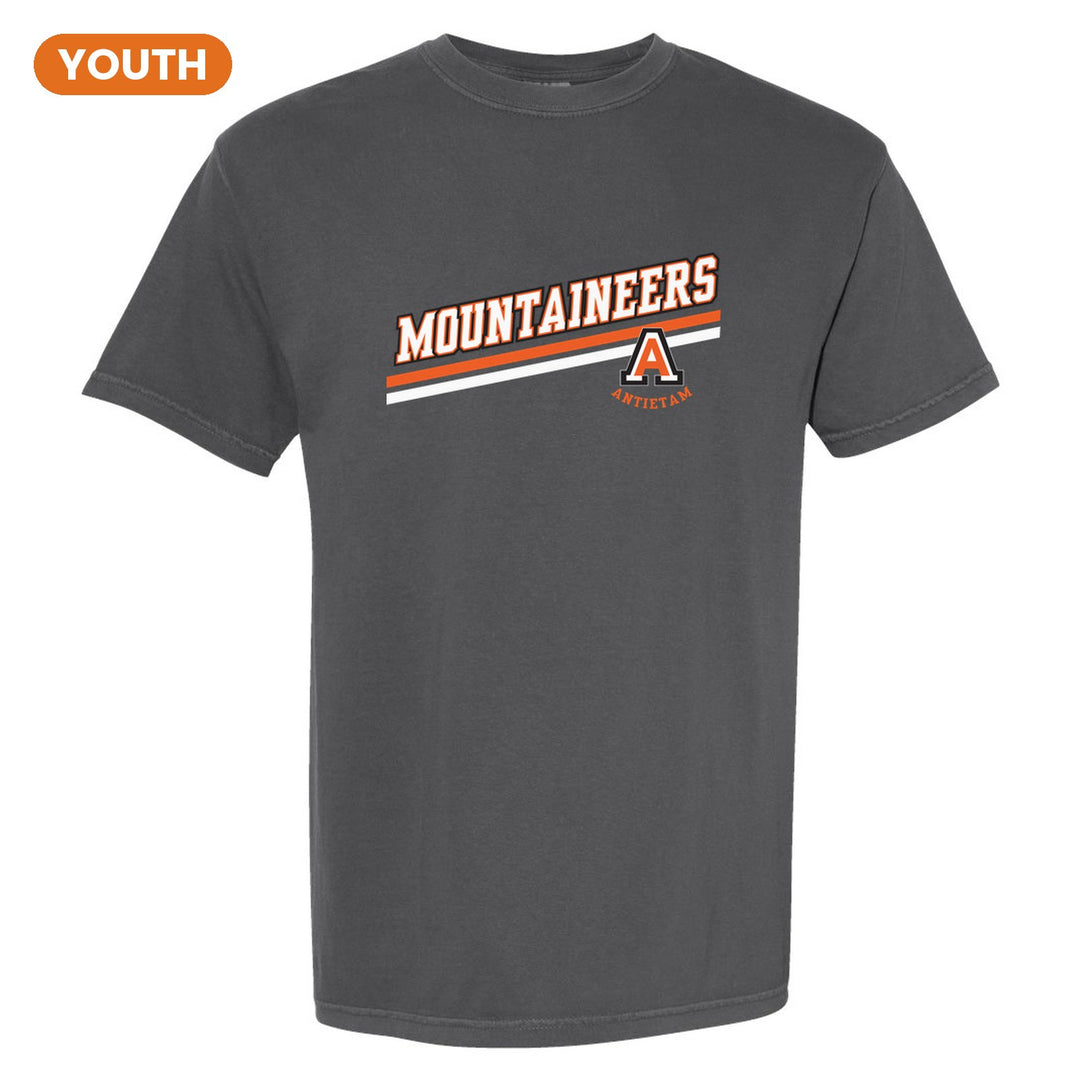 Antietam Mountaineers Slanted Stripe youth comfort colors t-shirt in Pepper: bold MOUNTAINEERS lettering over a slanted double stripe, with the Antietam A badge