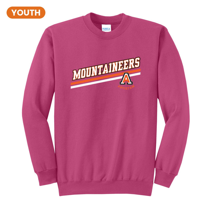 Antietam Mountaineers Slanted Stripe youth crewneck sweatshirt in Sangria: bold MOUNTAINEERS lettering over a slanted double stripe, with the Antietam A badge
