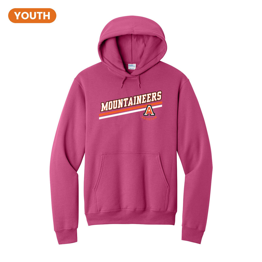 Antietam Mountaineers Slanted Stripe youth hoodie in Sangria: bold MOUNTAINEERS lettering over a slanted double stripe, with the Antietam A badge