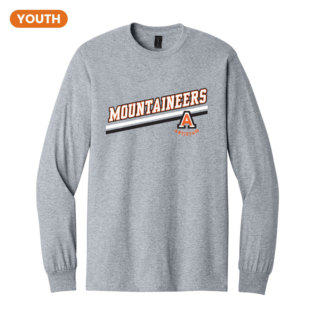 Antietam Mountaineers Slanted Stripe youth long sleeve t-shirt in Sport Grey: bold MOUNTAINEERS lettering over a slanted double stripe, with the Antietam A badge