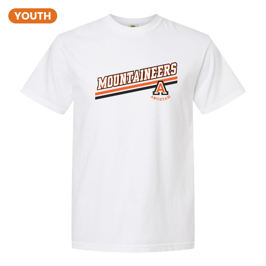 Antietam Mountaineers Slanted Stripe youth comfort colors t-shirt in White: bold MOUNTAINEERS lettering over a slanted double stripe, with the Antietam A badge