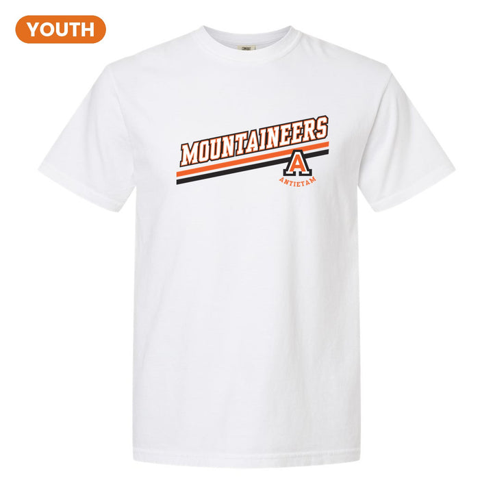 Antietam Mountaineers Slanted Stripe youth comfort colors t-shirt in White: bold MOUNTAINEERS lettering over a slanted double stripe, with the Antietam A badge