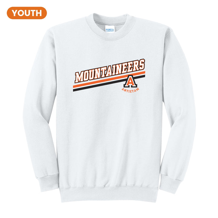 Antietam Mountaineers Slanted Stripe youth crewneck sweatshirt in White: bold MOUNTAINEERS lettering over a slanted double stripe, with the Antietam A badge