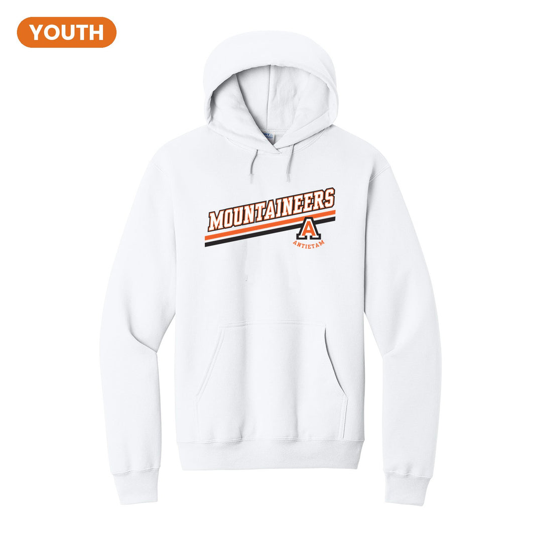 Antietam Mountaineers Slanted Stripe youth hoodie in White: bold MOUNTAINEERS lettering over a slanted double stripe, with the Antietam A badge