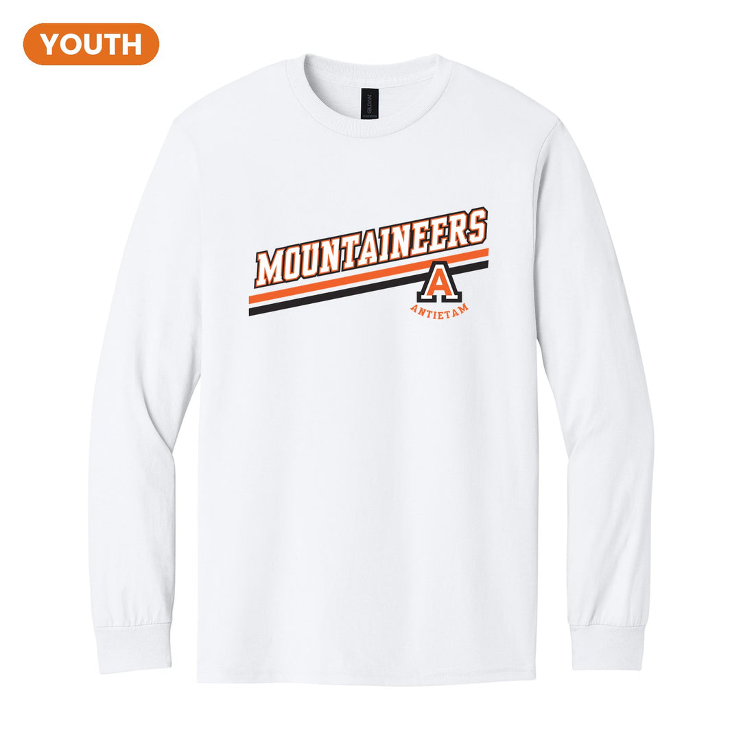 Antietam Mountaineers Slanted Stripe youth long sleeve t-shirt in White: bold MOUNTAINEERS lettering over a slanted double stripe, with the Antietam A badge