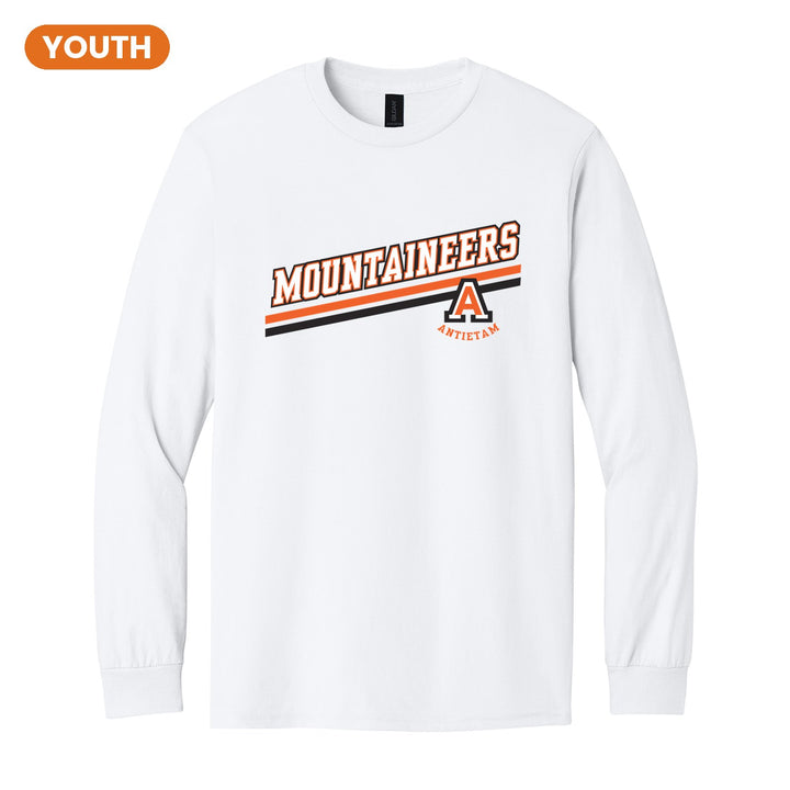 Antietam Mountaineers Slanted Stripe youth long sleeve t-shirt in White: bold MOUNTAINEERS lettering over a slanted double stripe, with the Antietam A badge