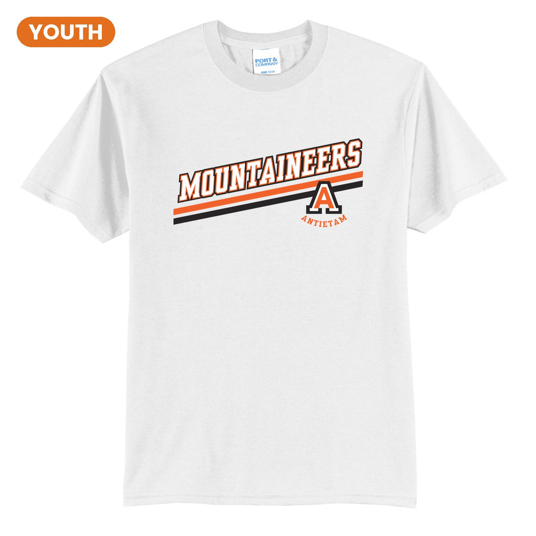 Antietam Mountaineers Slanted Stripe youth t-shirt in White: bold MOUNTAINEERS lettering over a slanted double stripe, with the Antietam A badge