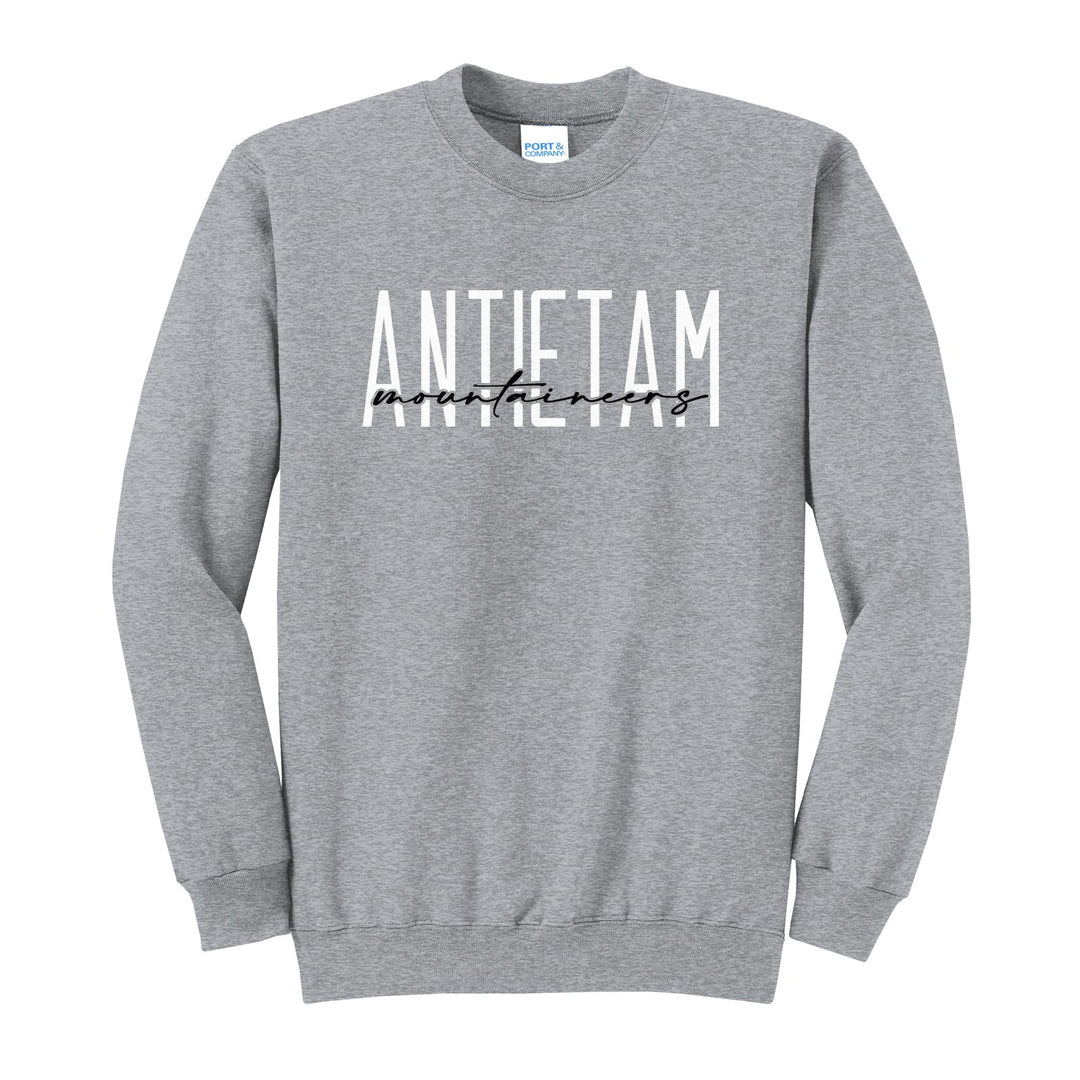 Antietam Mountaineers Tall Type Script crewneck sweatshirt in Athletic Heather: tall ANTIETAM lettering with Mountaineers in flowing script across the middle