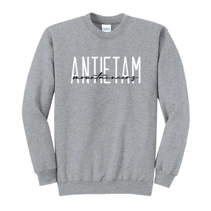 Antietam Mountaineers Tall Type Script crewneck sweatshirt in Athletic Heather: tall ANTIETAM lettering with Mountaineers in flowing script across the middle