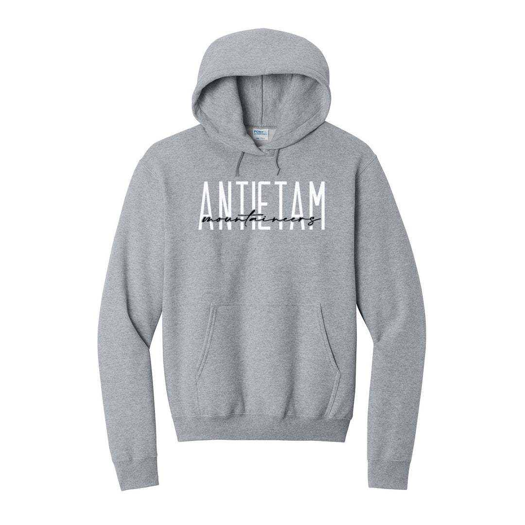 Antietam Mountaineers Tall Type Script hoodie in Athletic Heather: tall ANTIETAM lettering with Mountaineers in flowing script across the middle