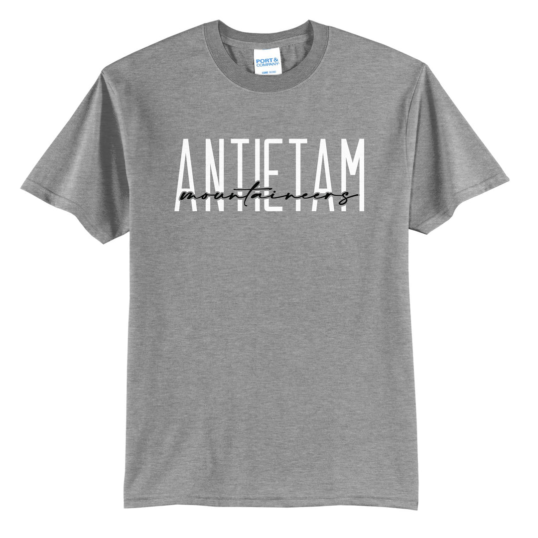 Antietam Mountaineers Tall Type Script t-shirt in Athletic Heather: tall ANTIETAM lettering with Mountaineers in flowing script across the middle