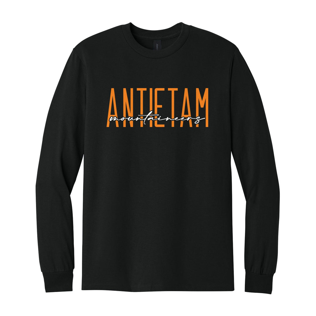Antietam Mountaineers Tall Type Script long sleeve t-shirt in Black: tall ANTIETAM lettering with Mountaineers in flowing script across the middle