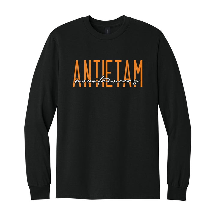 Antietam Mountaineers Tall Type Script long sleeve t-shirt in Black: tall ANTIETAM lettering with Mountaineers in flowing script across the middle