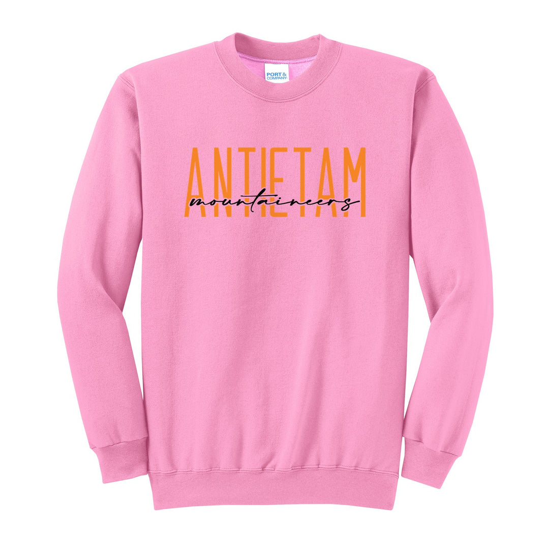 Antietam Mountaineers Tall Type Script crewneck sweatshirt in Candy Pink: tall ANTIETAM lettering with Mountaineers in flowing script across the middle