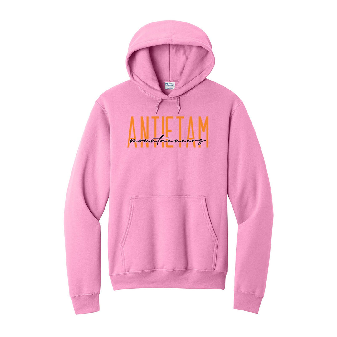Antietam Mountaineers Tall Type Script hoodie in Candy Pink: tall ANTIETAM lettering with Mountaineers in flowing script across the middle