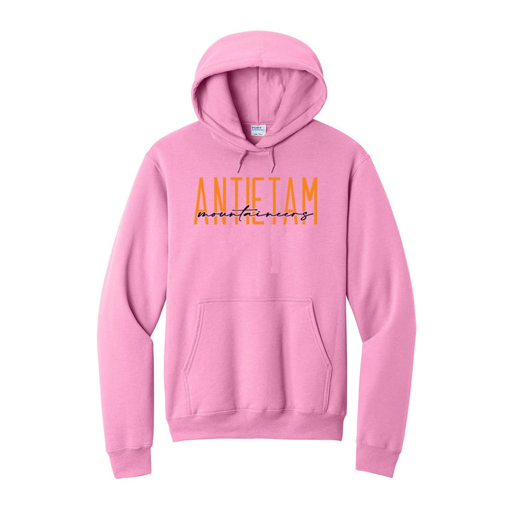 Antietam Mountaineers Tall Type Script hoodie in Candy Pink: tall ANTIETAM lettering with Mountaineers in flowing script across the middle