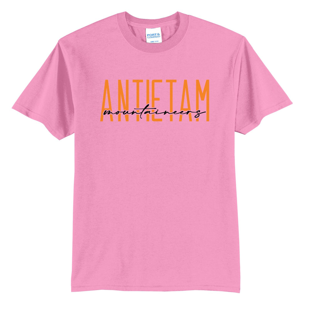 Antietam Mountaineers Tall Type Script t-shirt in Candy Pink: tall ANTIETAM lettering with Mountaineers in flowing script across the middle