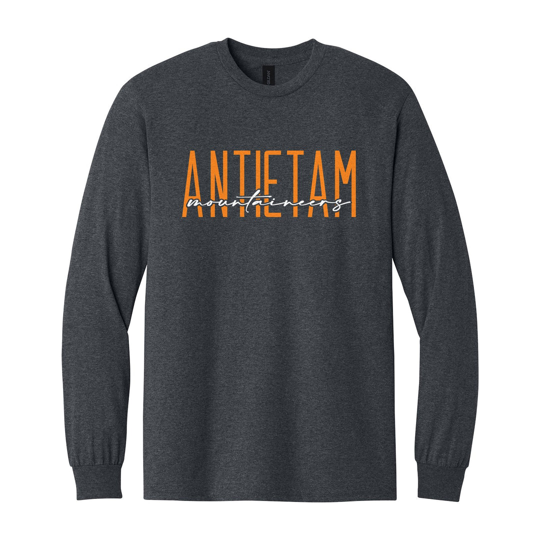 Antietam Mountaineers Tall Type Script long sleeve t-shirt in Dark Heather: tall ANTIETAM lettering with Mountaineers in flowing script across the middle