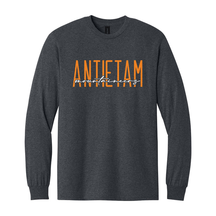 Antietam Mountaineers Tall Type Script long sleeve t-shirt in Dark Heather: tall ANTIETAM lettering with Mountaineers in flowing script across the middle
