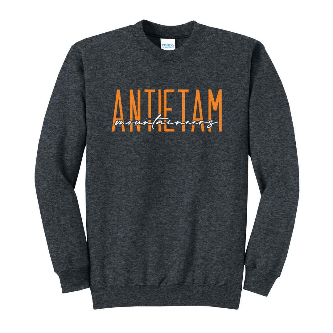Antietam Mountaineers Tall Type Script crewneck sweatshirt in Dark Heather Grey: tall ANTIETAM lettering with Mountaineers in flowing script across the middle