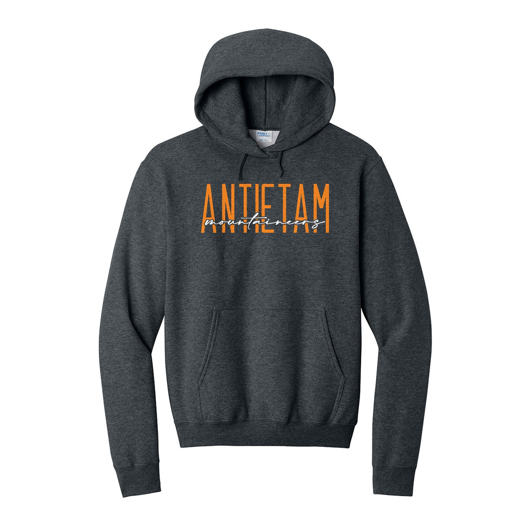Antietam Mountaineers Tall Type Script hoodie in Dark Heather Grey: tall ANTIETAM lettering with Mountaineers in flowing script across the middle