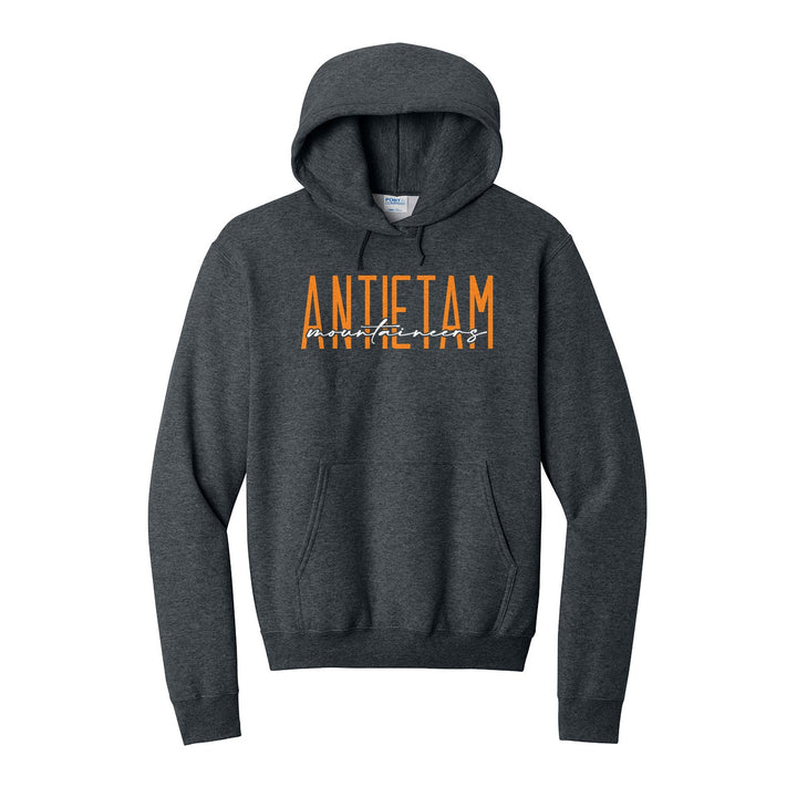 Antietam Mountaineers Tall Type Script hoodie in Dark Heather Grey: tall ANTIETAM lettering with Mountaineers in flowing script across the middle