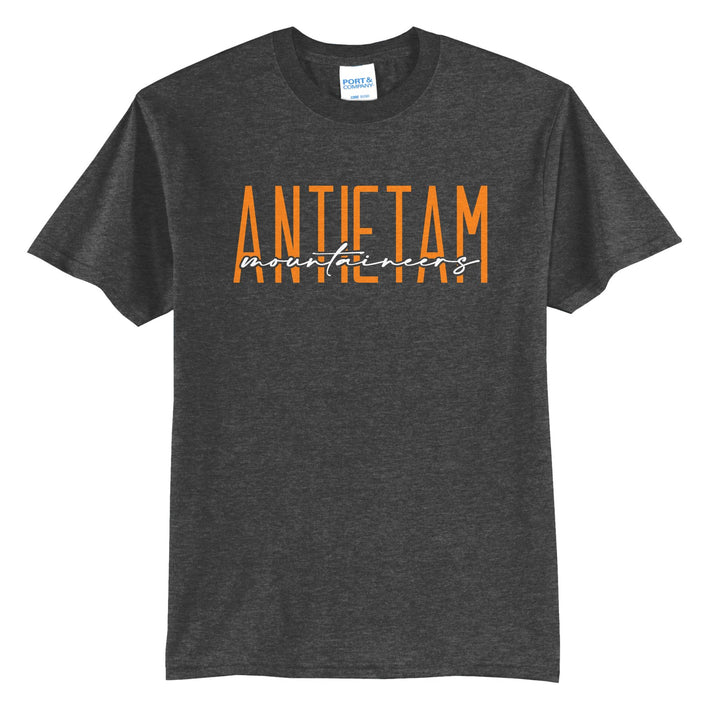 Antietam Mountaineers Tall Type Script t-shirt in Dark Heather Grey: tall ANTIETAM lettering with Mountaineers in flowing script across the middle