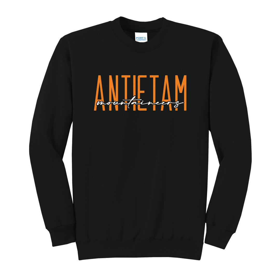 Antietam Mountaineers Tall Type Script crewneck sweatshirt in Jet Black: tall ANTIETAM lettering with Mountaineers in flowing script across the middle