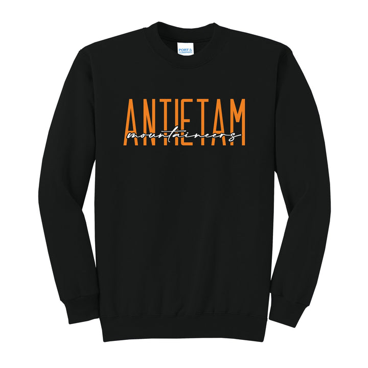 Antietam Mountaineers Tall Type Script crewneck sweatshirt in Jet Black: tall ANTIETAM lettering with Mountaineers in flowing script across the middle