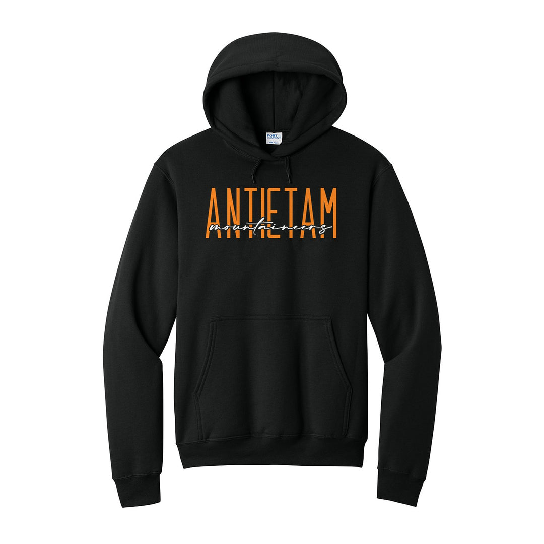 Antietam Mountaineers Tall Type Script hoodie in Jet Black: tall ANTIETAM lettering with Mountaineers in flowing script across the middle