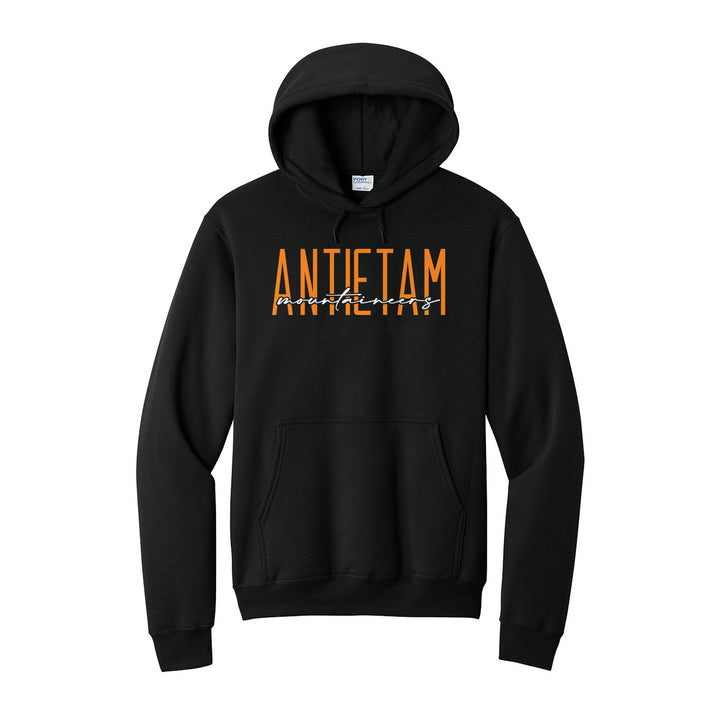 Antietam Mountaineers Tall Type Script hoodie in Jet Black: tall ANTIETAM lettering with Mountaineers in flowing script across the middle