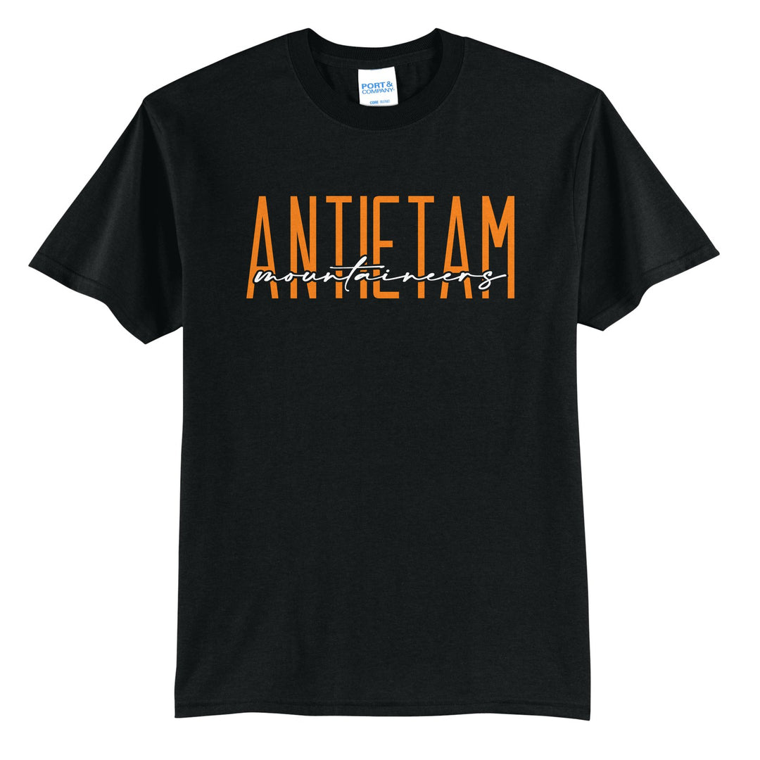 Antietam Mountaineers Tall Type Script t-shirt in Jet Black: tall ANTIETAM lettering with Mountaineers in flowing script across the middle