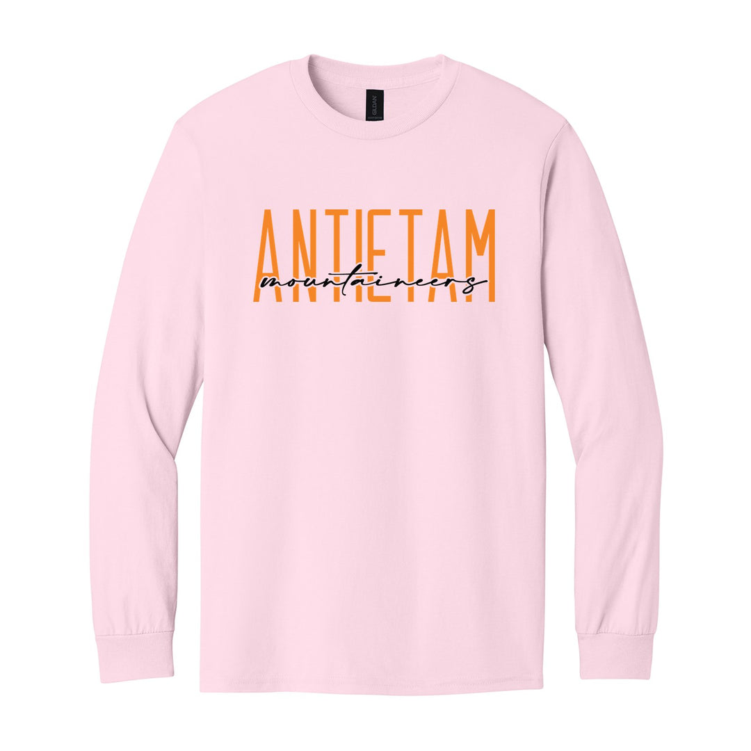Antietam Mountaineers Tall Type Script long sleeve t-shirt in Light Pink: tall ANTIETAM lettering with Mountaineers in flowing script across the middle
