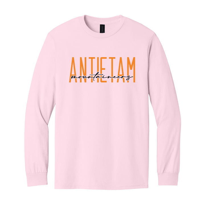 Antietam Mountaineers Tall Type Script long sleeve t-shirt in Light Pink: tall ANTIETAM lettering with Mountaineers in flowing script across the middle
