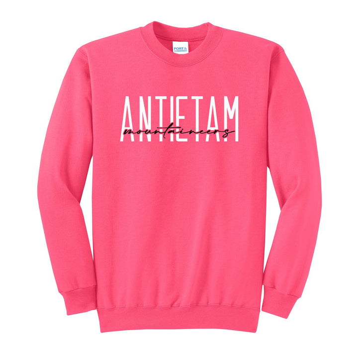 Antietam Mountaineers Tall Type Script crewneck sweatshirt in Neon Pink: tall ANTIETAM lettering with Mountaineers in flowing script across the middle