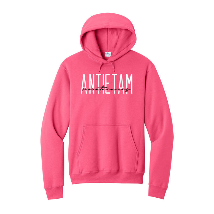 Antietam Mountaineers Tall Type Script hoodie in Neon Pink: tall ANTIETAM lettering with Mountaineers in flowing script across the middle