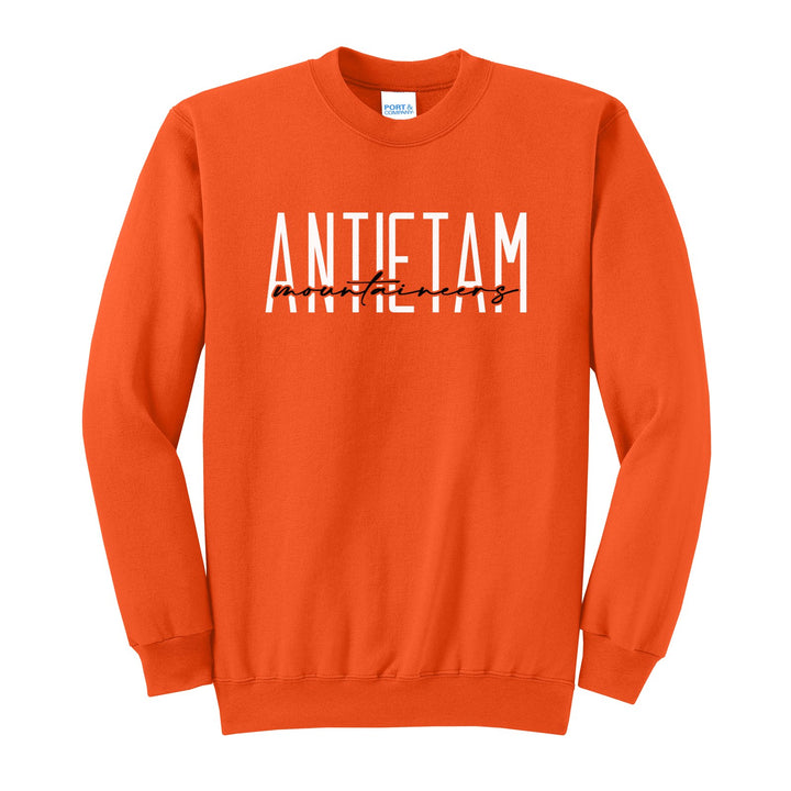 Antietam Mountaineers Tall Type Script crewneck sweatshirt in Orange: tall ANTIETAM lettering with Mountaineers in flowing script across the middle