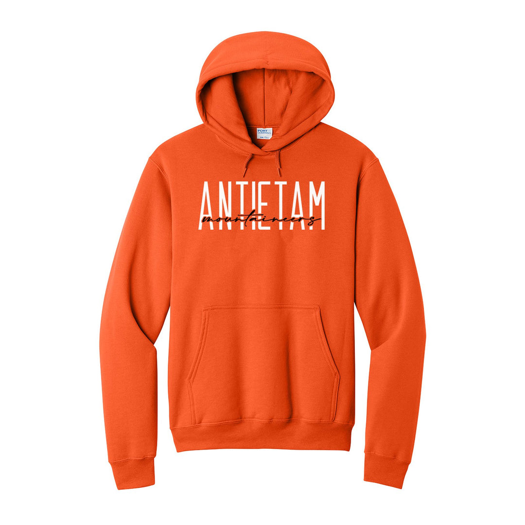 Antietam Mountaineers Tall Type Script hoodie in Orange: tall ANTIETAM lettering with Mountaineers in flowing script across the middle