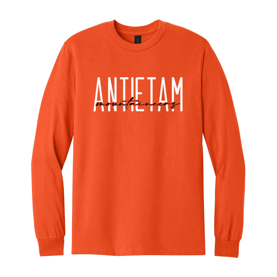 Antietam Mountaineers Tall Type Script long sleeve t-shirt in Orange: tall ANTIETAM lettering with Mountaineers in flowing script across the middle