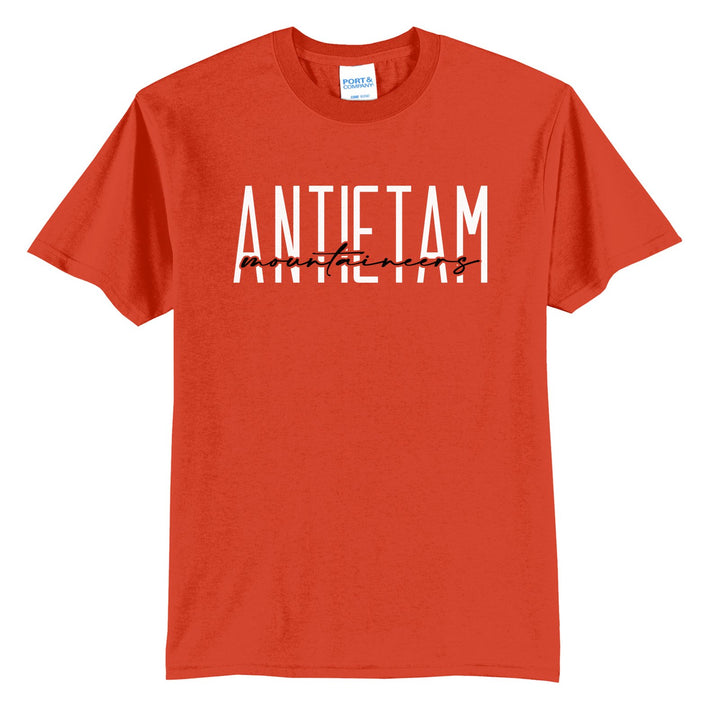 Antietam Mountaineers Tall Type Script t-shirt in Orange: tall ANTIETAM lettering with Mountaineers in flowing script across the middle