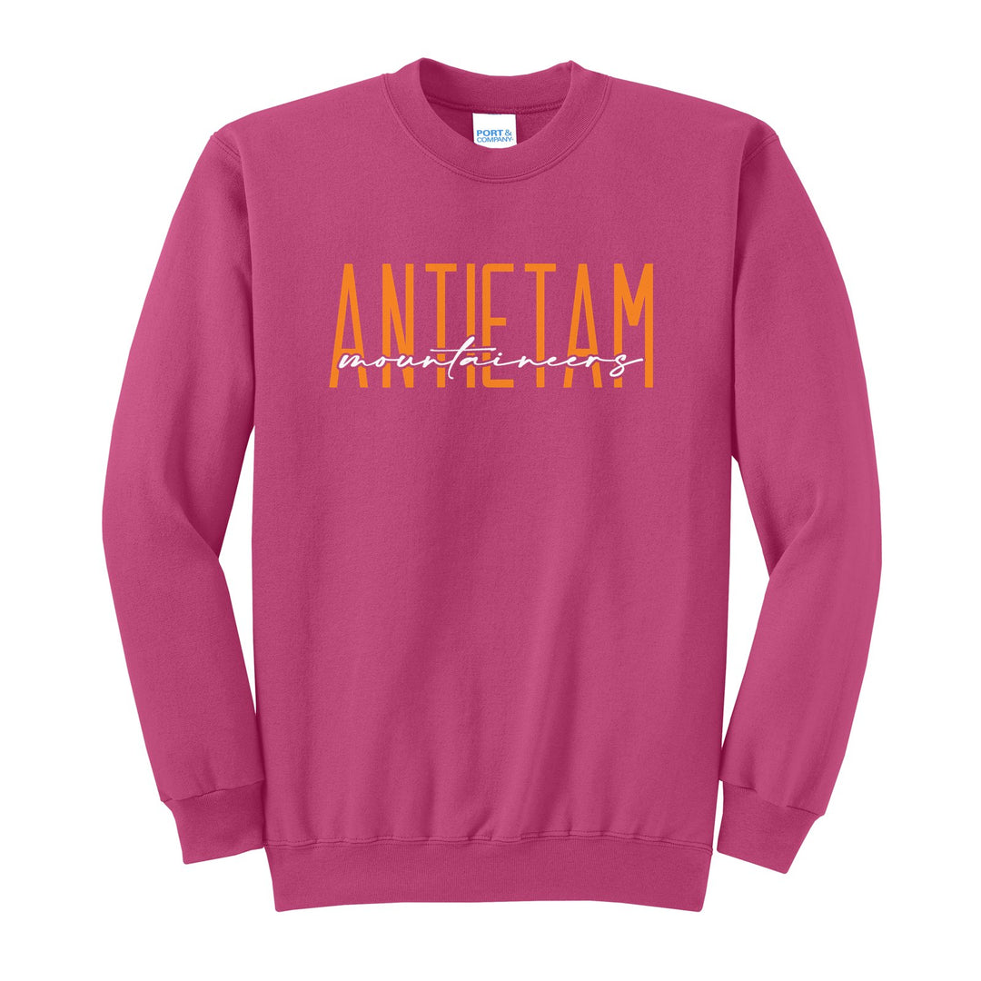 Antietam Mountaineers Tall Type Script crewneck sweatshirt in Sangria: tall ANTIETAM lettering with Mountaineers in flowing script across the middle