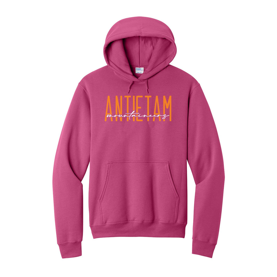 Antietam Mountaineers Tall Type Script hoodie in Sangria: tall ANTIETAM lettering with Mountaineers in flowing script across the middle
