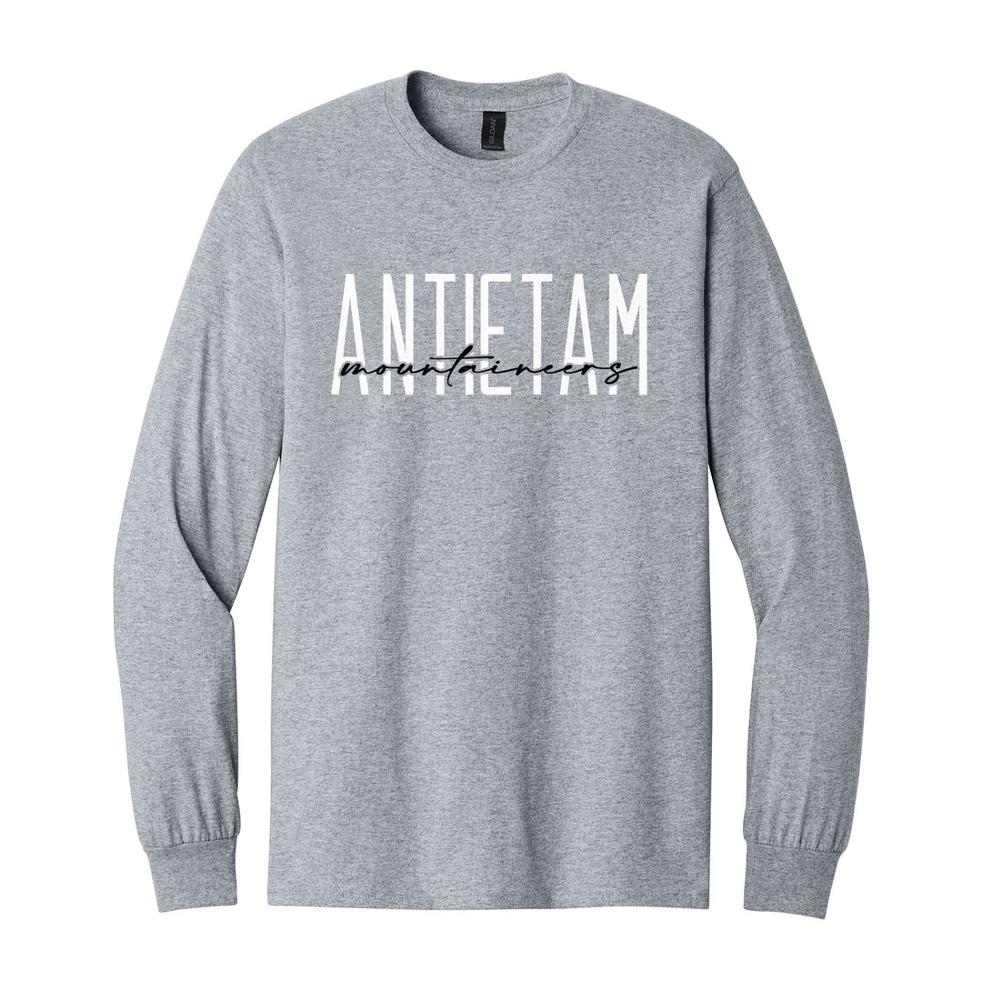 Antietam Mountaineers Tall Type Script long sleeve t-shirt in Sport Grey: tall ANTIETAM lettering with Mountaineers in flowing script across the middle