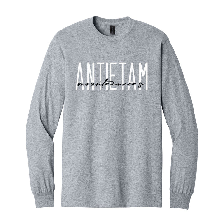Antietam Mountaineers Tall Type Script long sleeve t-shirt in Sport Grey: tall ANTIETAM lettering with Mountaineers in flowing script across the middle