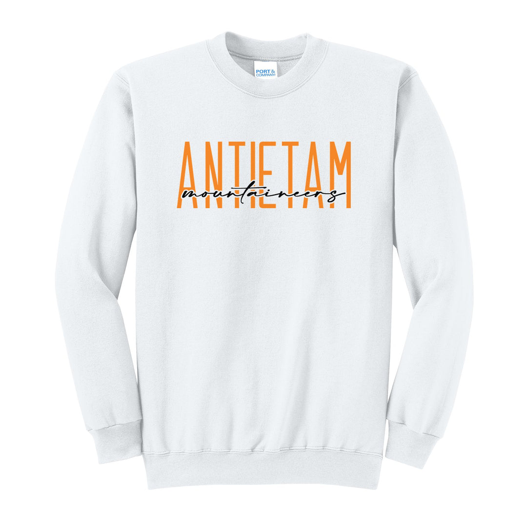 Antietam Mountaineers Tall Type Script crewneck sweatshirt in White: tall ANTIETAM lettering with Mountaineers in flowing script across the middle