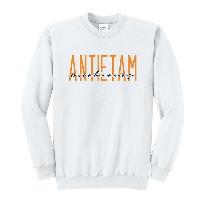 Antietam Mountaineers Tall Type Script crewneck sweatshirt in White: tall ANTIETAM lettering with Mountaineers in flowing script across the middle